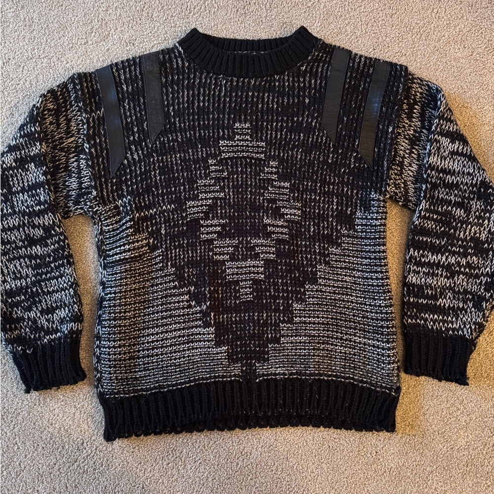 Gabrielle Vintage 90s Aztec Sweater Thick Knit Leather Striped B&W Mens Sz XL